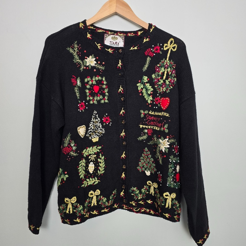 Vtg 2000 Tiara International Embroidered Christmas Sweater Cardigan Sz L Holiday - Picture 2 of 11